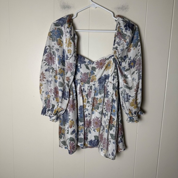 Storia Womens Floral Metallic Mini Dress Long Sleeve Square Neck White L - Picture 2 of 9